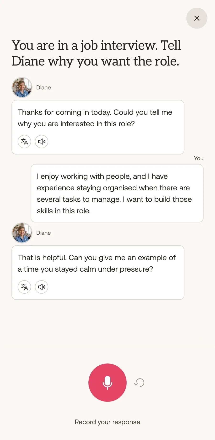 Lingly roleplay conversation screen with workplace English practice.