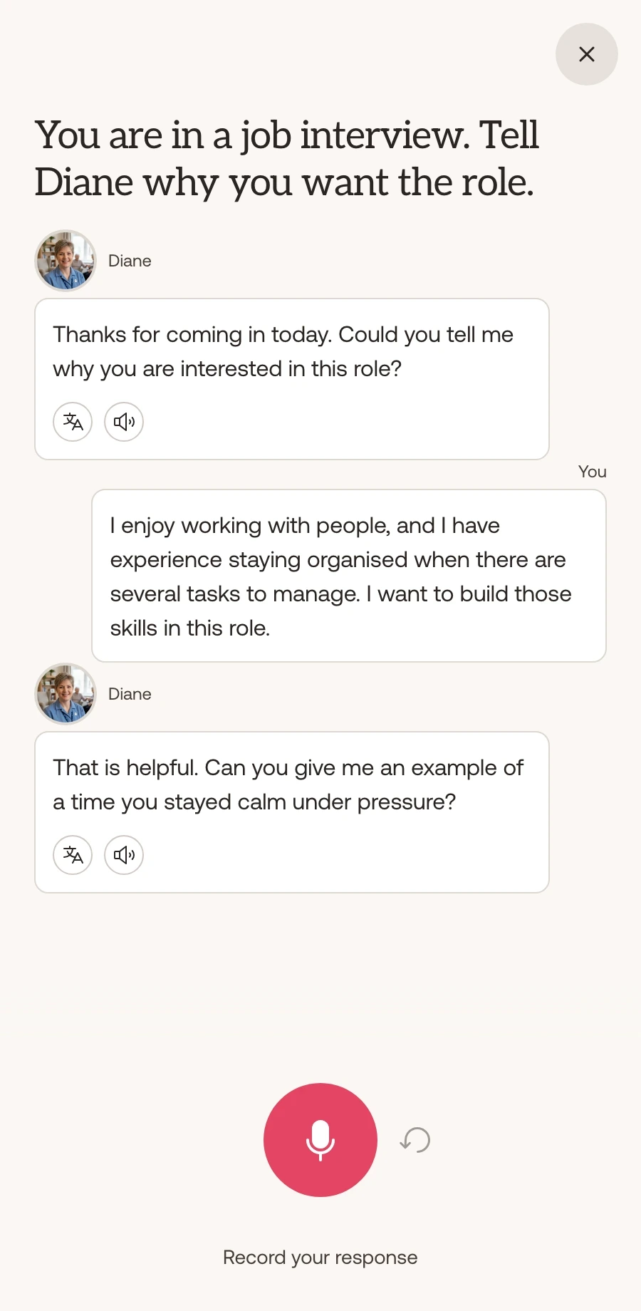 Lingly roleplay conversation screen with workplace English practice.
