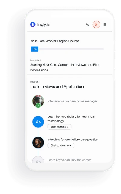 Language course interface mockup