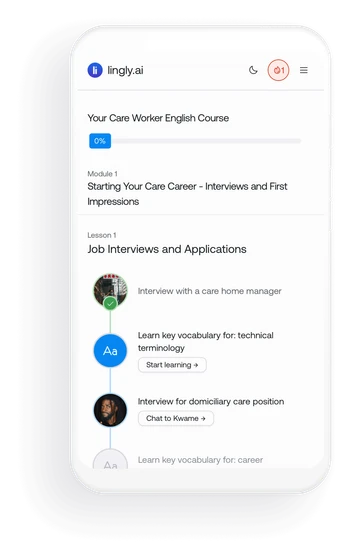 Custom care course interface showing Yorkshire worker training