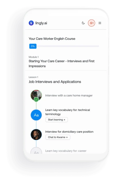 Language course interface mockup