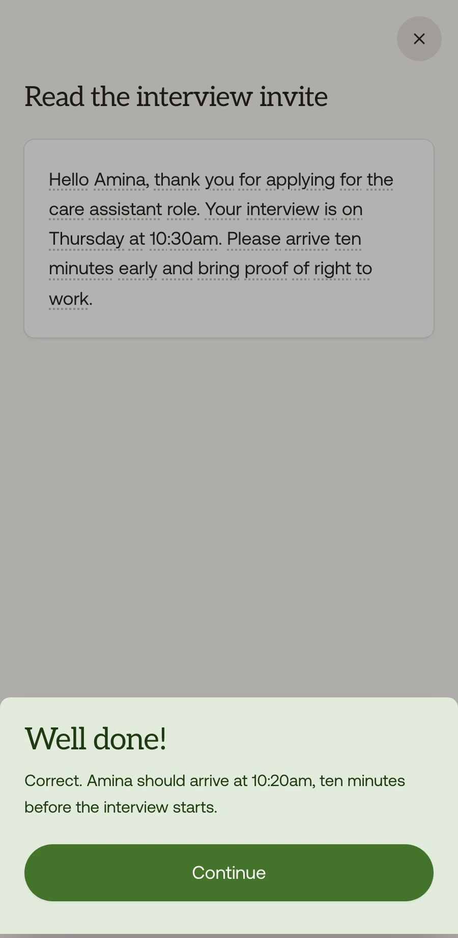 Lingly feedback screen showing a workplace English answer review.
