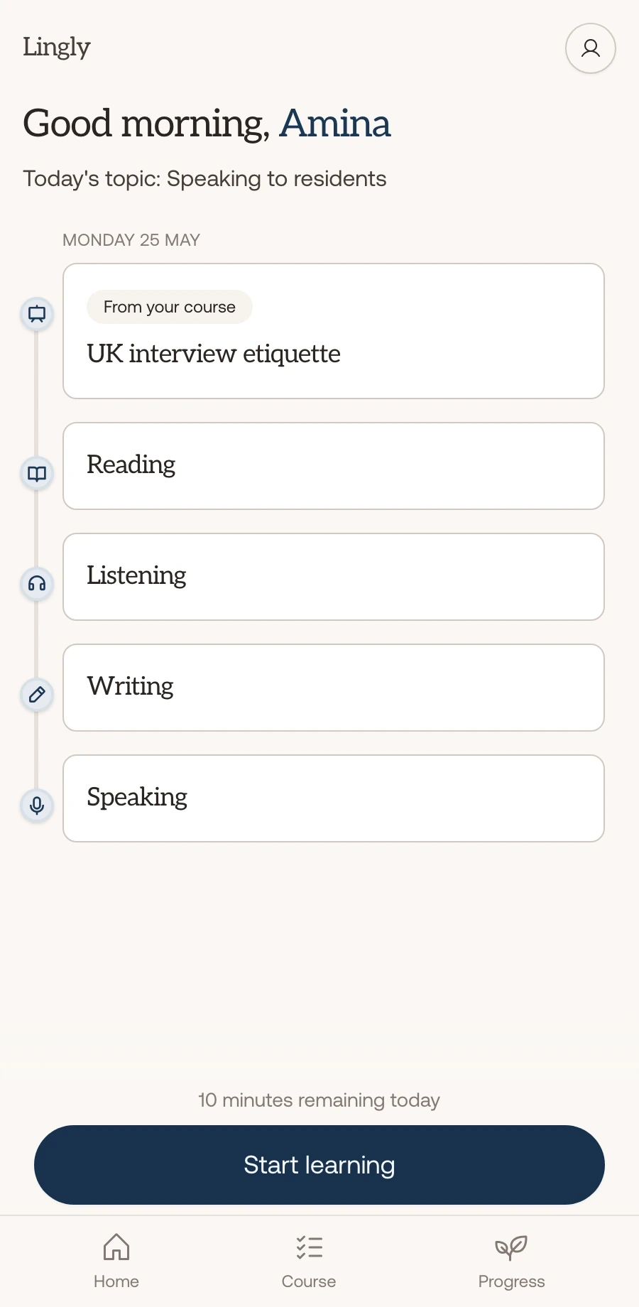 Lingly learner home screen showing a workplace English course.