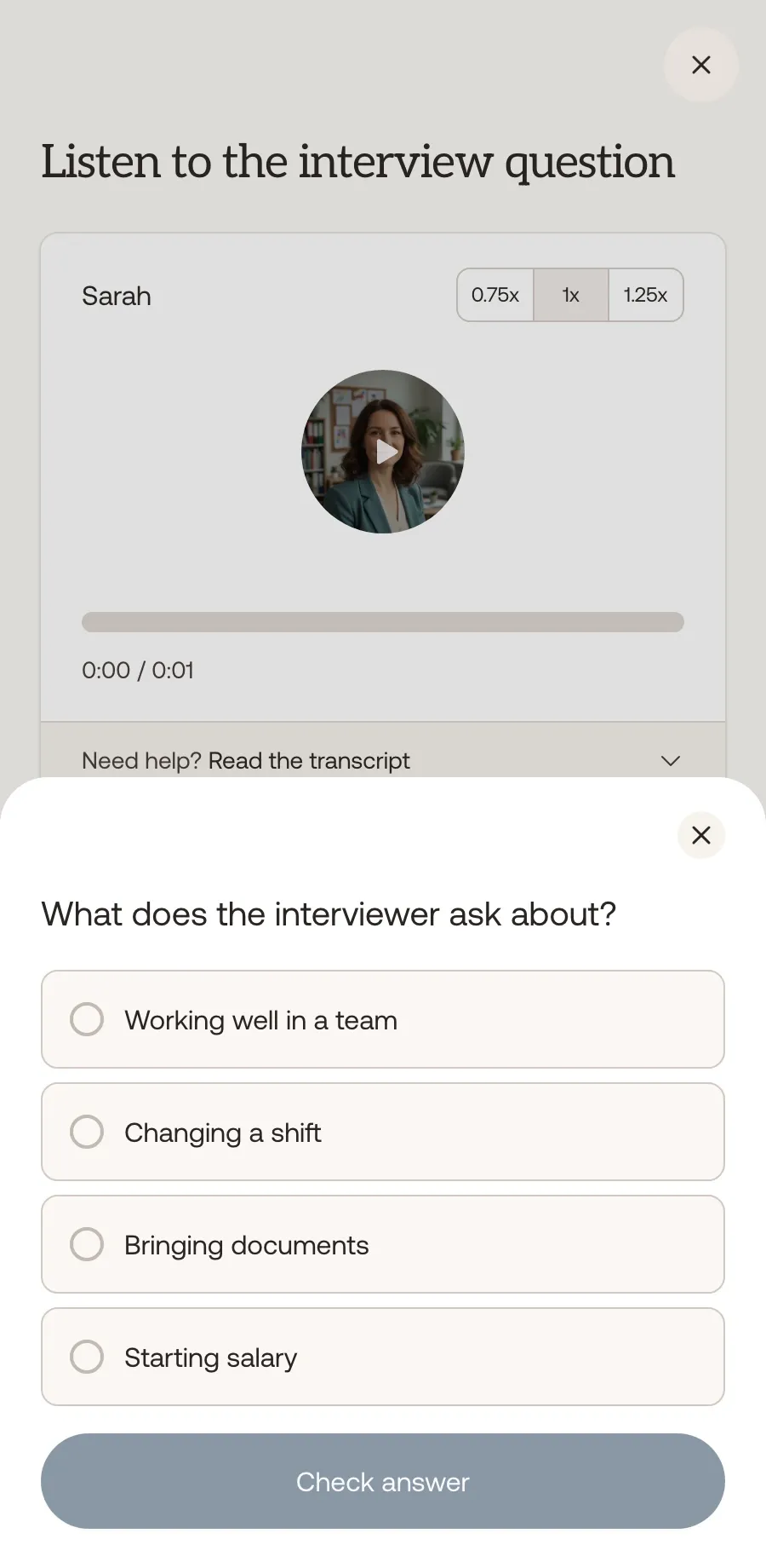 Listening practice for understanding spoken workplace English.