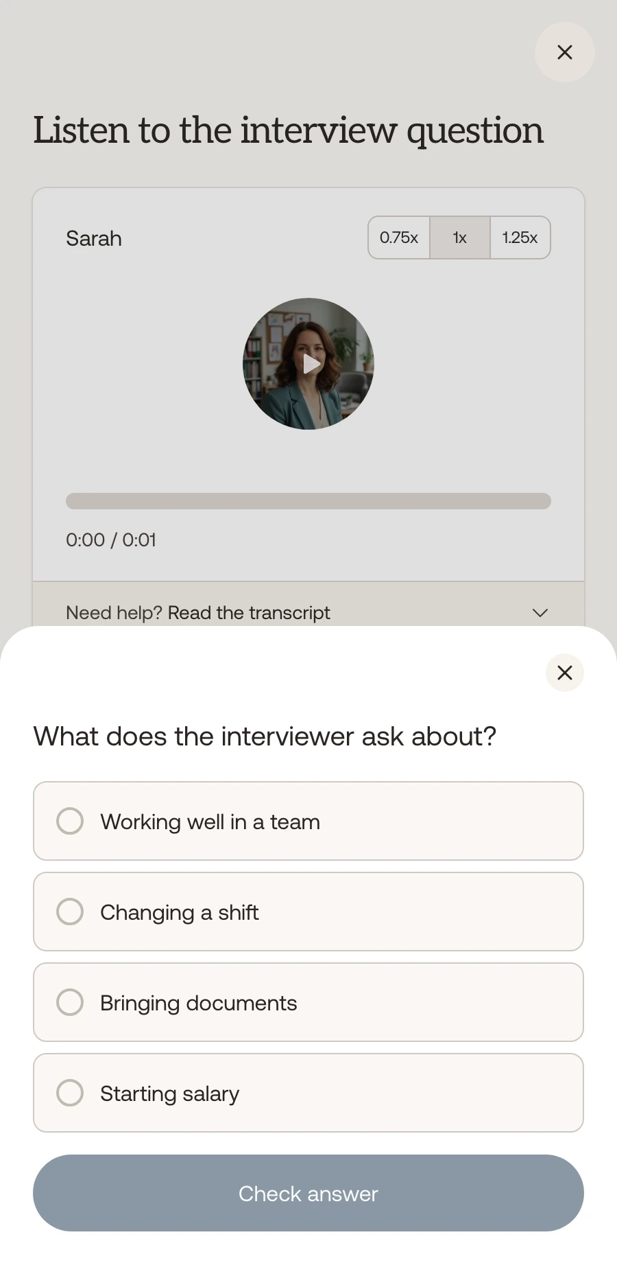 Lingly listening exercise screen with playback speed and answer options.