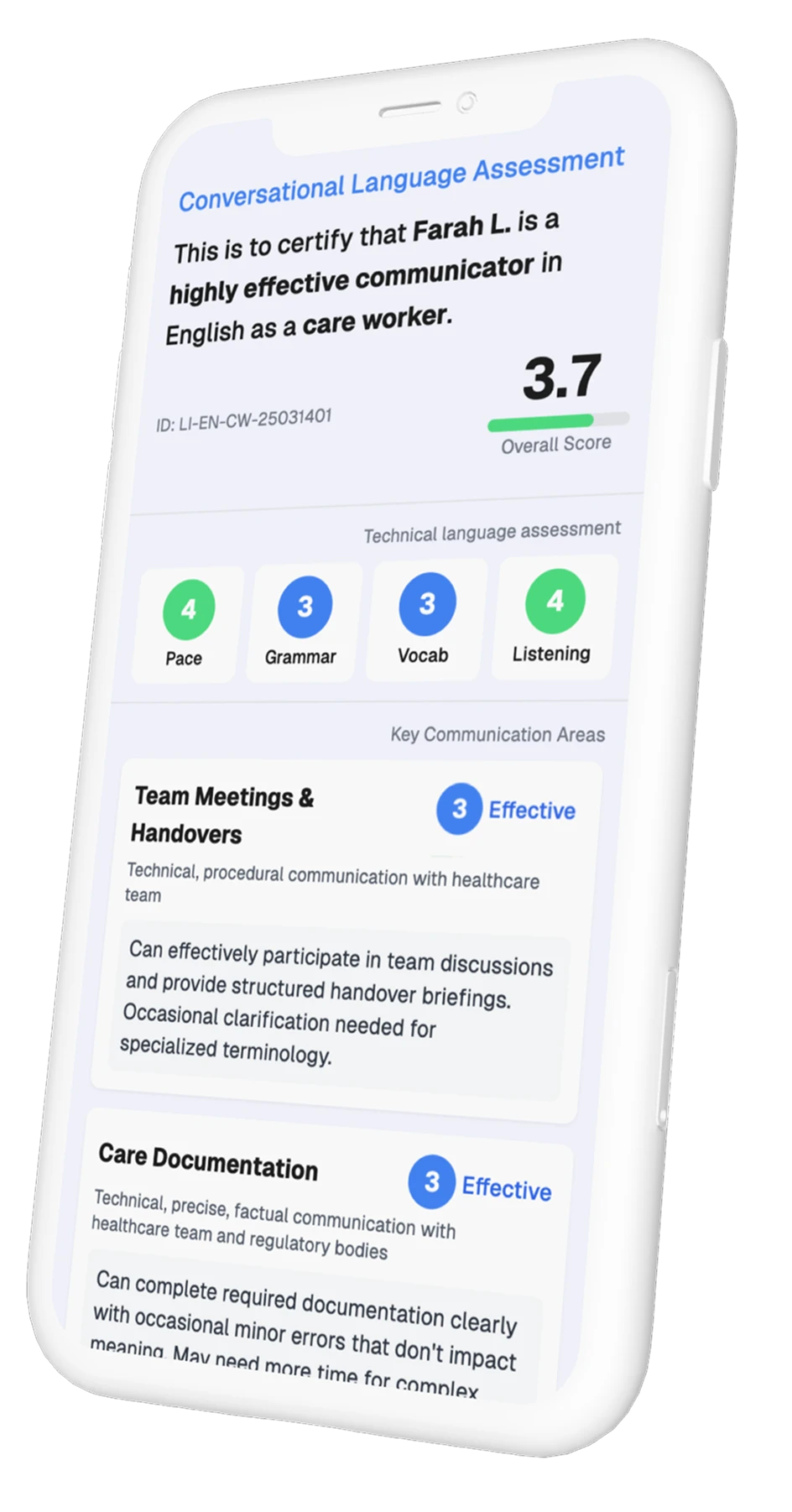 Language screening interface mockup